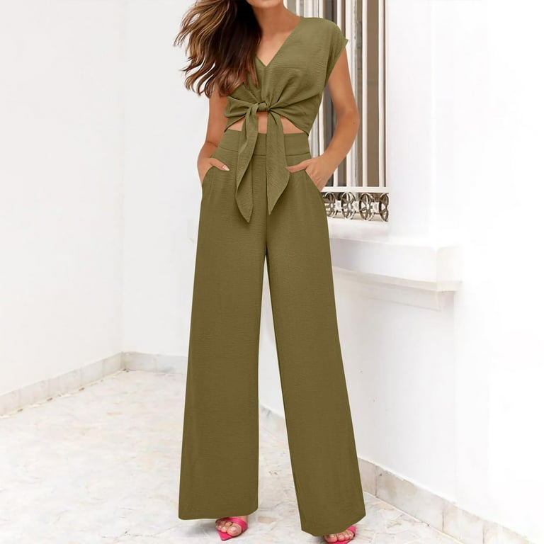 Women s 2 Piece Jumpsuit Ruched Sleeveless Crop Top Ruffle Wide Leg Pant Set Romper Outfit Walmart