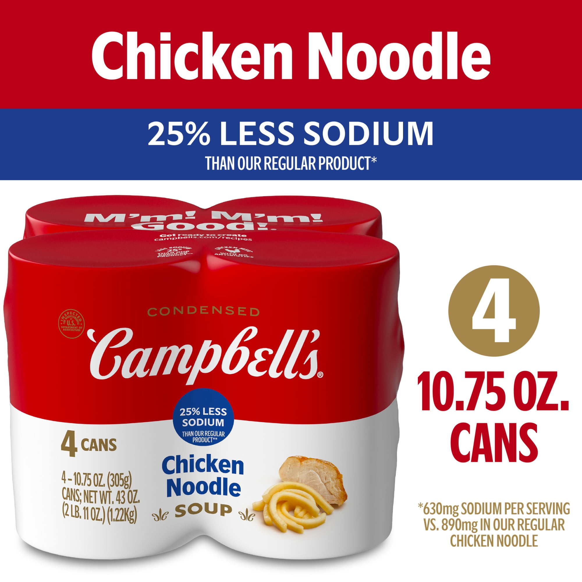 Campbell’s Condensed 25% Less Sodium Chicken Noodle Soup, 10.75 oz Can, 4 Count