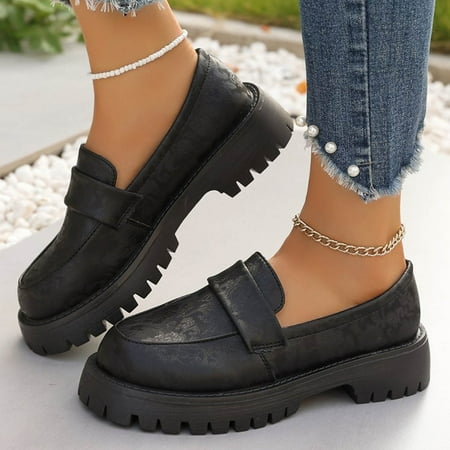 Hinvhai Women s Non Slip Loafers Flat Shoes Clearance Fashion Casual Leather Walking Soft Comfortable Round Head Shallow Mouth Solid Color Flats Shoes Black 10.5(41)