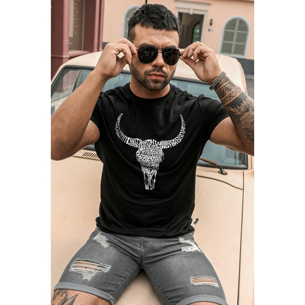 ABPHQTO Camiseta de manga corta ajustada con estampado de cabeza de vaca y letras negras para hombre