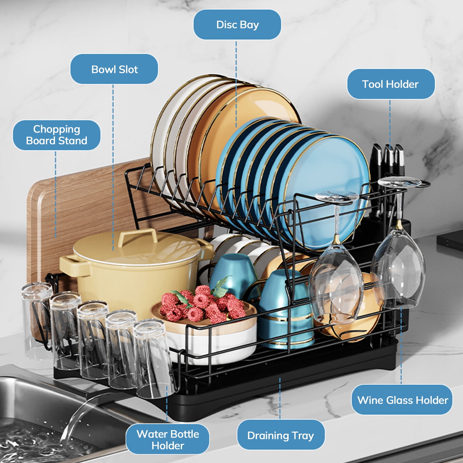 Behost Dish Drying Rack with Drying Mat, Space Saving 2 Tier Stainless Steel Dish Racks Organizer, Rust Resistant Dish Strainers Drainer for Kitchen Counter, Kitchen Sink Accessories - Black