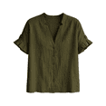 thumbnail image 3 of Women's Button Down Shirts Short Puff Sleeve Dressy Tops Casual Loose Fit Cotton Linen Tshirts 2026 Green S, 3 of 8