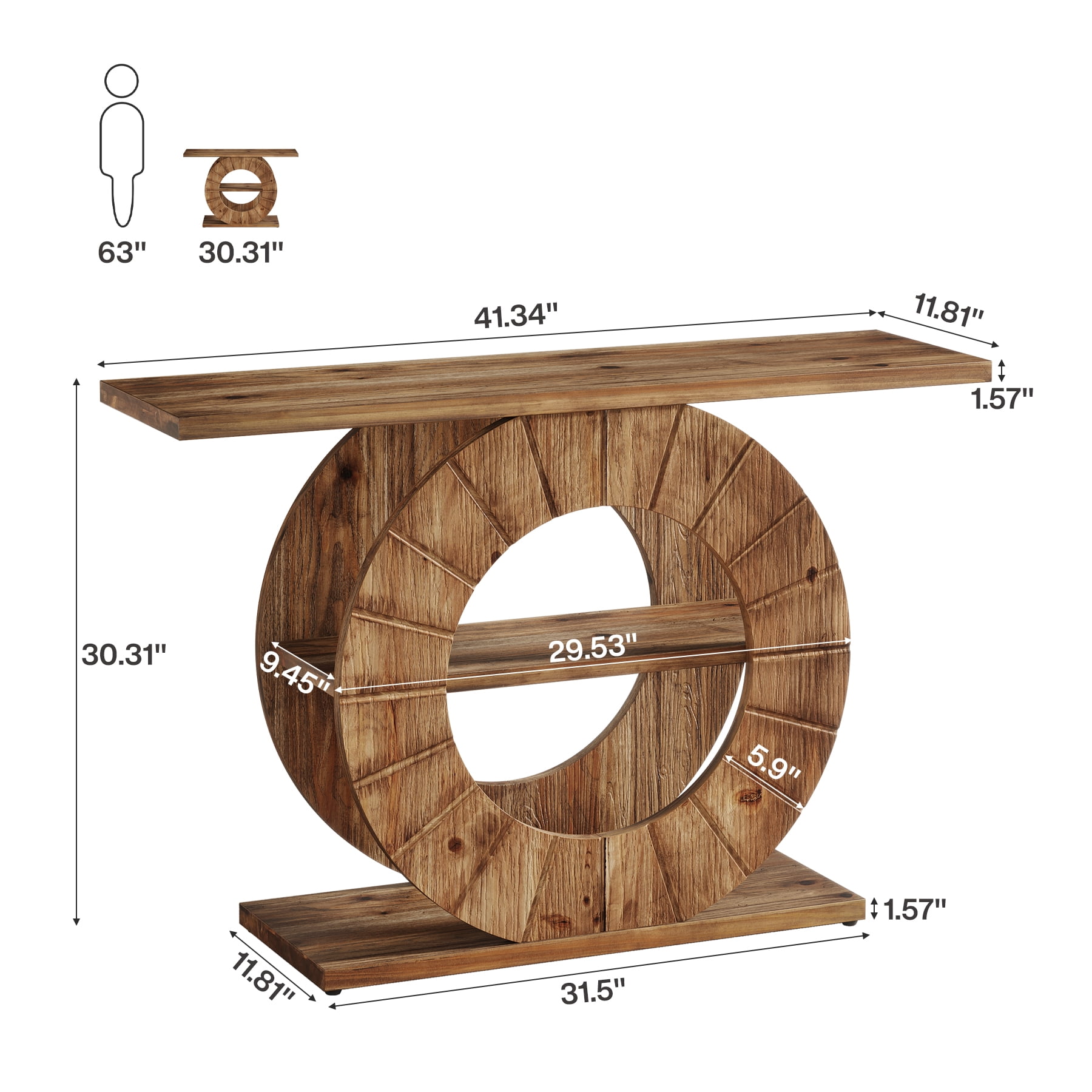 41" Solid Wood Console Table with 3-Tier Shelves, Round Carved Base, Farmhouse Entryway or Sofa Table for Living Room, Hallway, Foyer