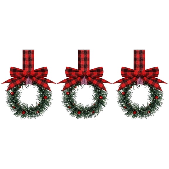 5" Mini Christmas Wreaths 3 Pack for Kitchen Cabinet,Small Xmas Wreath Decoration,Artificial Wreath with Ribbon Bows and Berries,Farmhouse Hanging Decor for Window Wall and Front Door