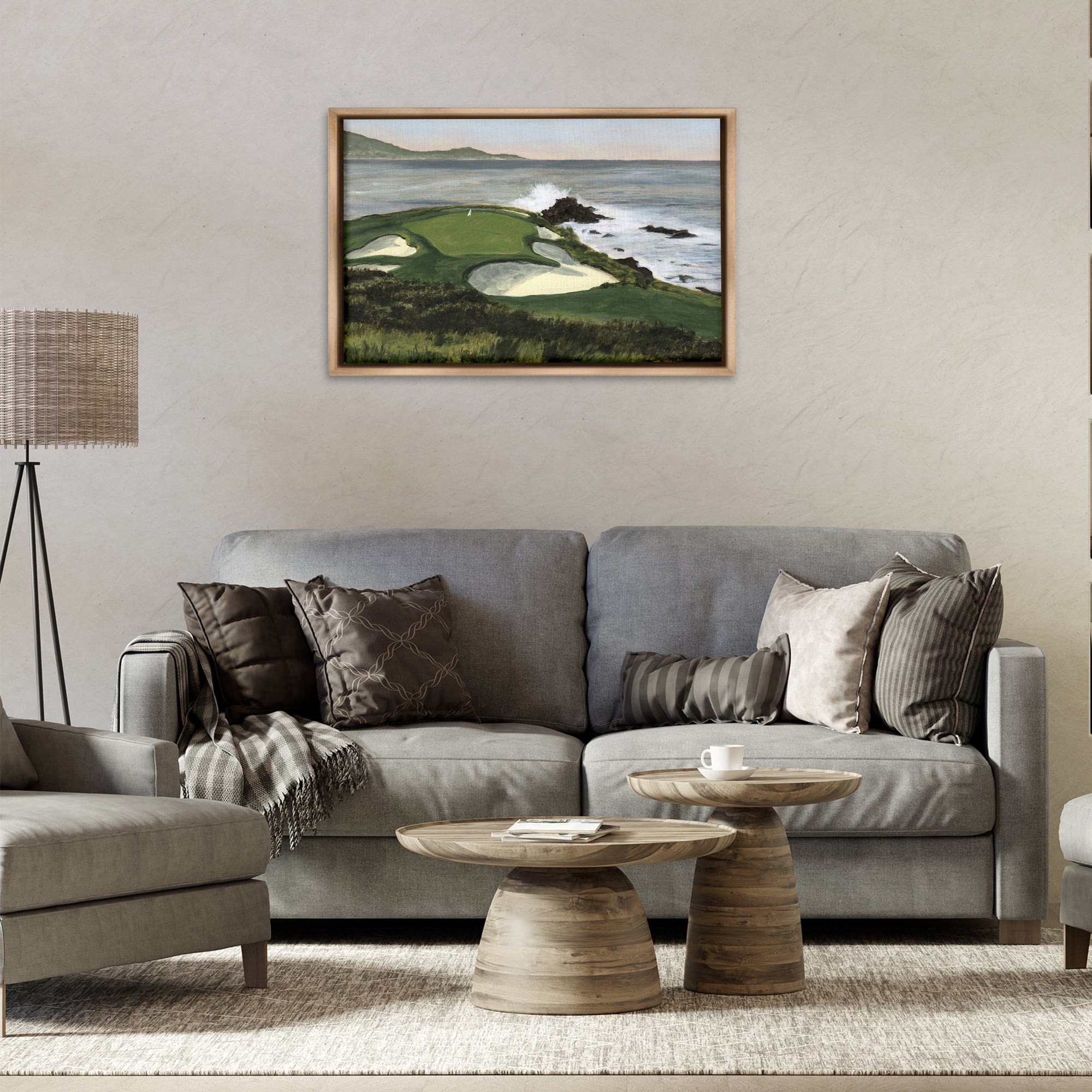 Stupell Industries Coastal Golf Course Landscape Painting Brown Floater Framed Art Print Wall Art, 31 x 21