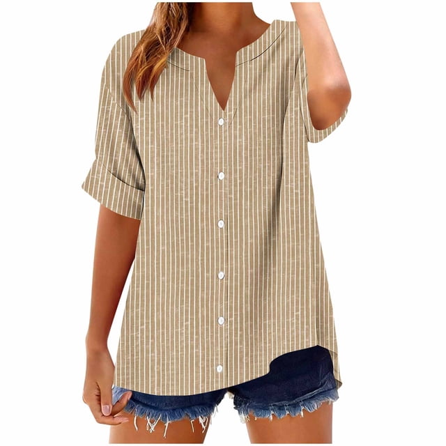 Camisetas Casuales de Manga Corta con Cuello en V Impreso Botón de Verano Suelto Y de Moda