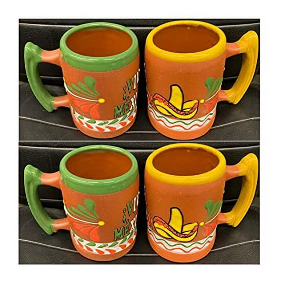 4 Mexican Coffee Mugs Jarritos Mexicanos Viva La Mexico Design Tazas de Barro Micnocana Ponchero Hot Chocolate Champurrado Tepache Pulque Traditional Clay Party Dish
