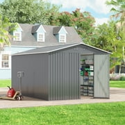 JAXPETY 10 x 12 ft Metal Outdoor Storage Shed with Lockable Door Sloping Roof for Patio, Backyard, Garden, Gray