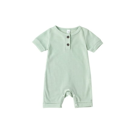 

Biekopu Lovely Baby Romper Short Sleeve Round Neck Solid Color Ribbed Buttoned Short Pants for Summer Spring Kids Clothing