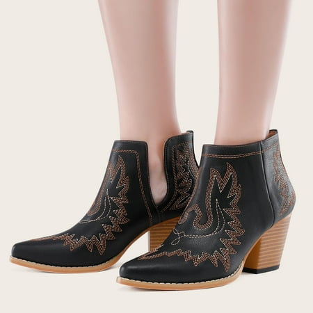 

HP95 Women s Boots High Heel Pointed Toe Boots Slip-On Shoes Embroidered Shoes Warm Boots Ankle Boots Winter Casual Women Shoes