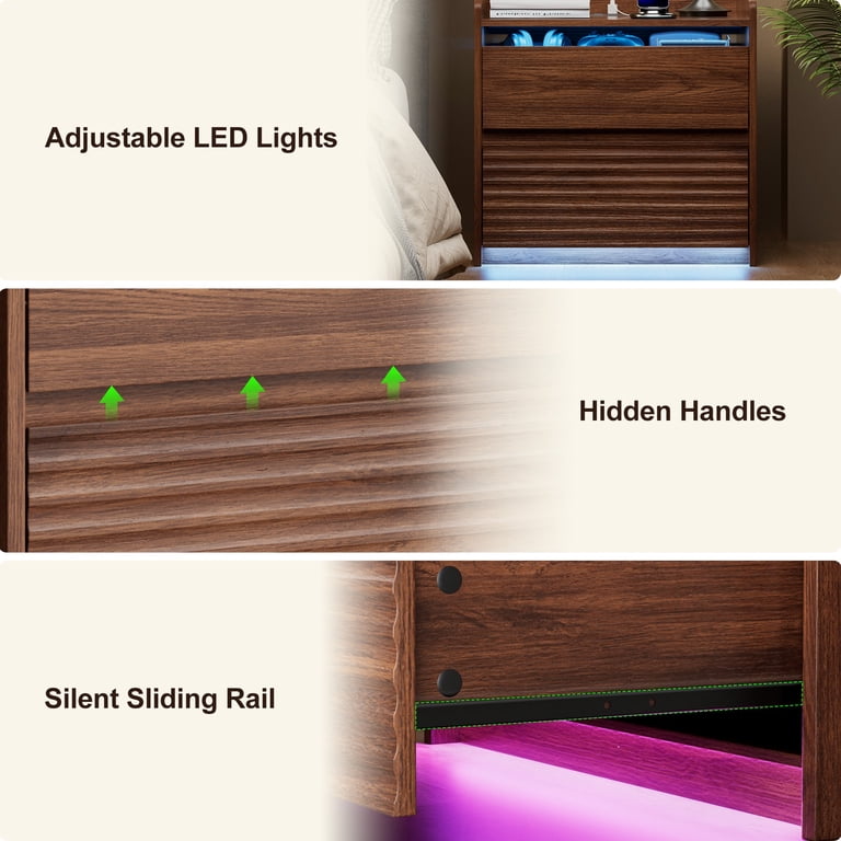 Satifur Smart LED Nightstand, Walnut Fluted Design photo 7