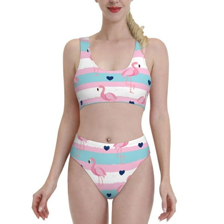 Bixox Flamingo1 Pattern Two-Piece Sports Bikini with U-Shaped Top and High-Waist Bottom - Women s Swimwear with Removable Bra Pads