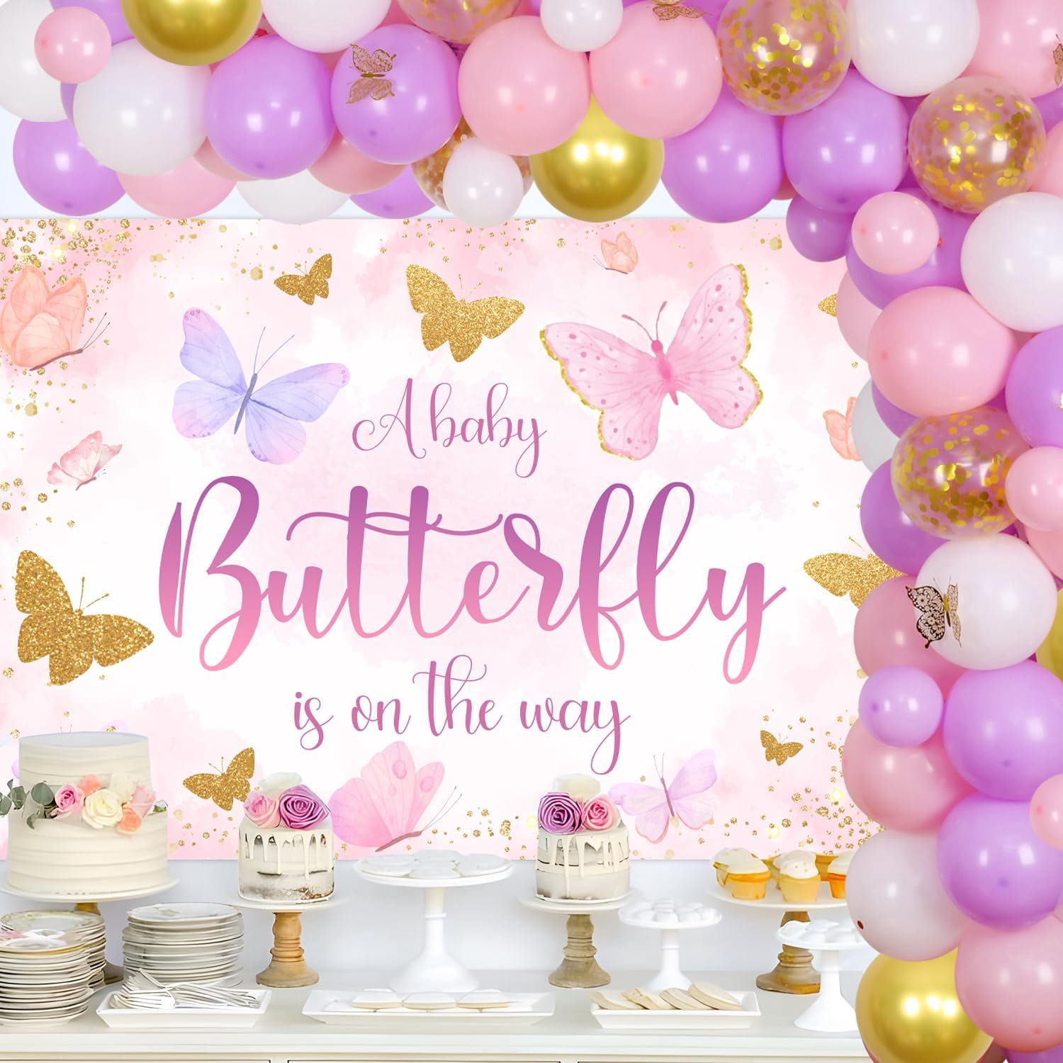 A Baby Butterfly Is On The Way Baby Shower Decorations Purple Gold Balloon Garland Arch Kit Glitter Butterfly Backdrop Golden Butterfly Wall Stickers for Girls Baby Shower Gender Reveal Decor Supplies