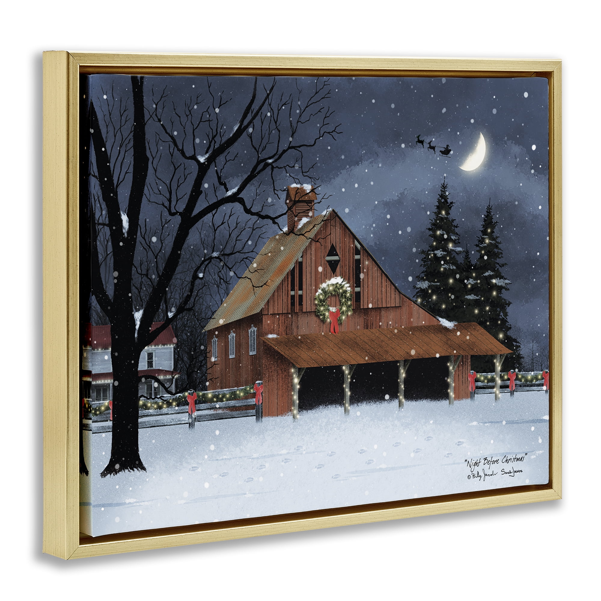 Stupell Industries Night Before Christmas Barn Landscape & Nature Painting Gold Floater Framed Canvas Art Print Wall Art, 31 x 25