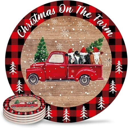 

JOOCAR Christmas Coasters Red and Black Buffalo Plaid Red Truck Bull Suitable for Home Kitchen Table Bar Decoration Housewarming Gift Coasters Set of 4