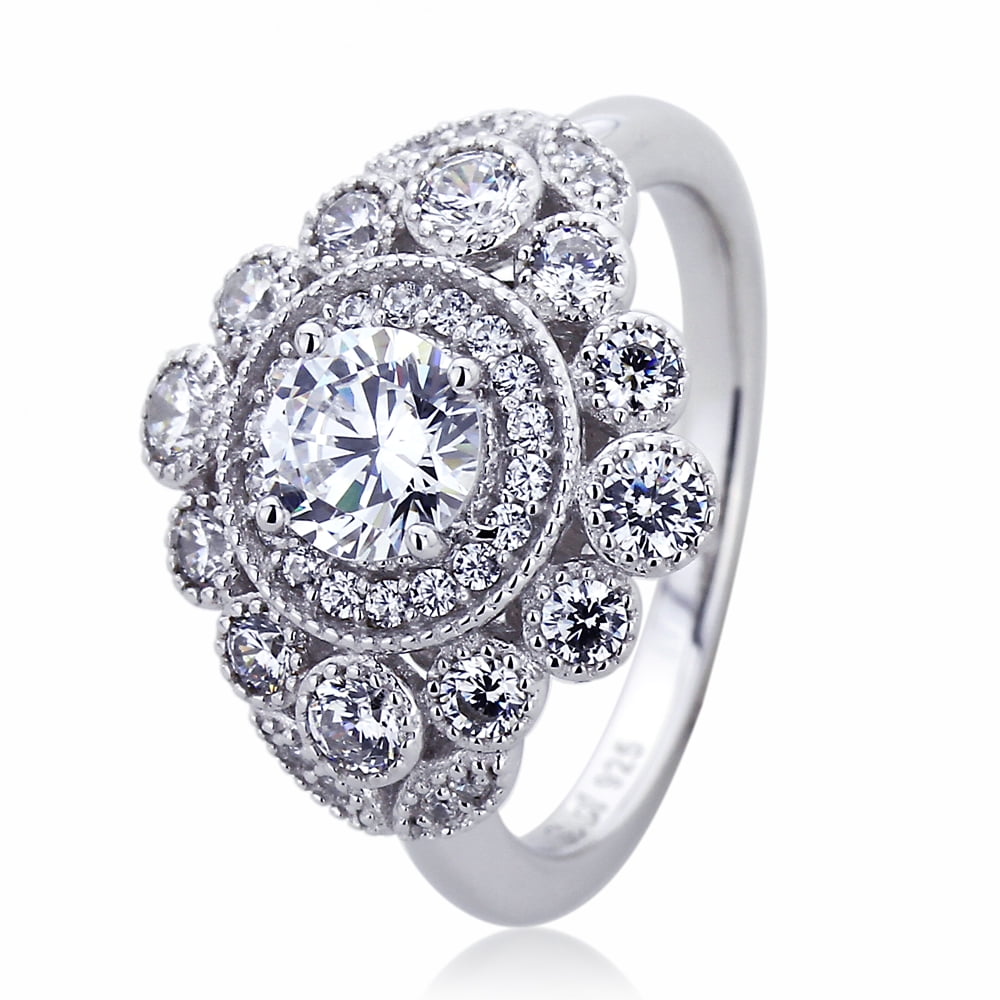 Platinum Plated Sterling Silver Engagement Ring Round CZ Antique Style Flower Ring