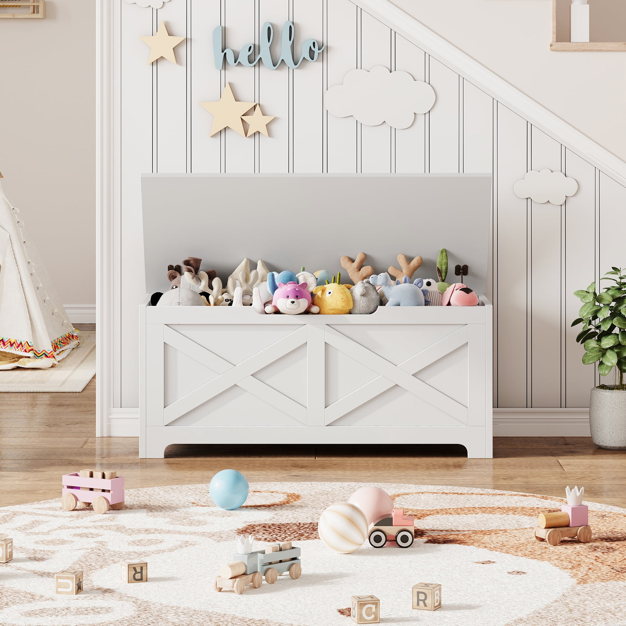 M optimized White Storage Chest, Storage Bench with Safety Hinge, Farmhouse Style Wooden Toy Chest for Entryway, Bedroom, Living Room