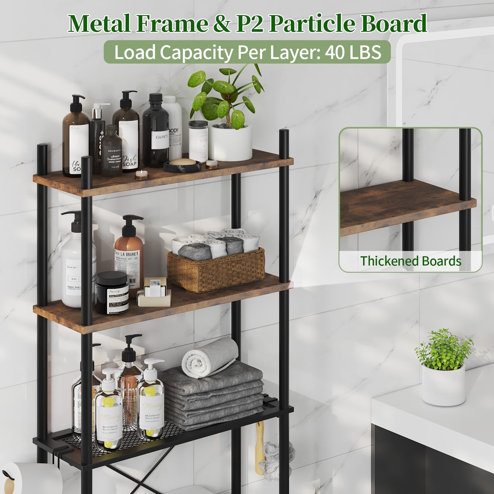 Capri 3-Shelf Over the Toilet Storage, Freestanding Metal Bathroom Organizers and Storage Shelf with Toilet Paper Holder, Rustic Brown