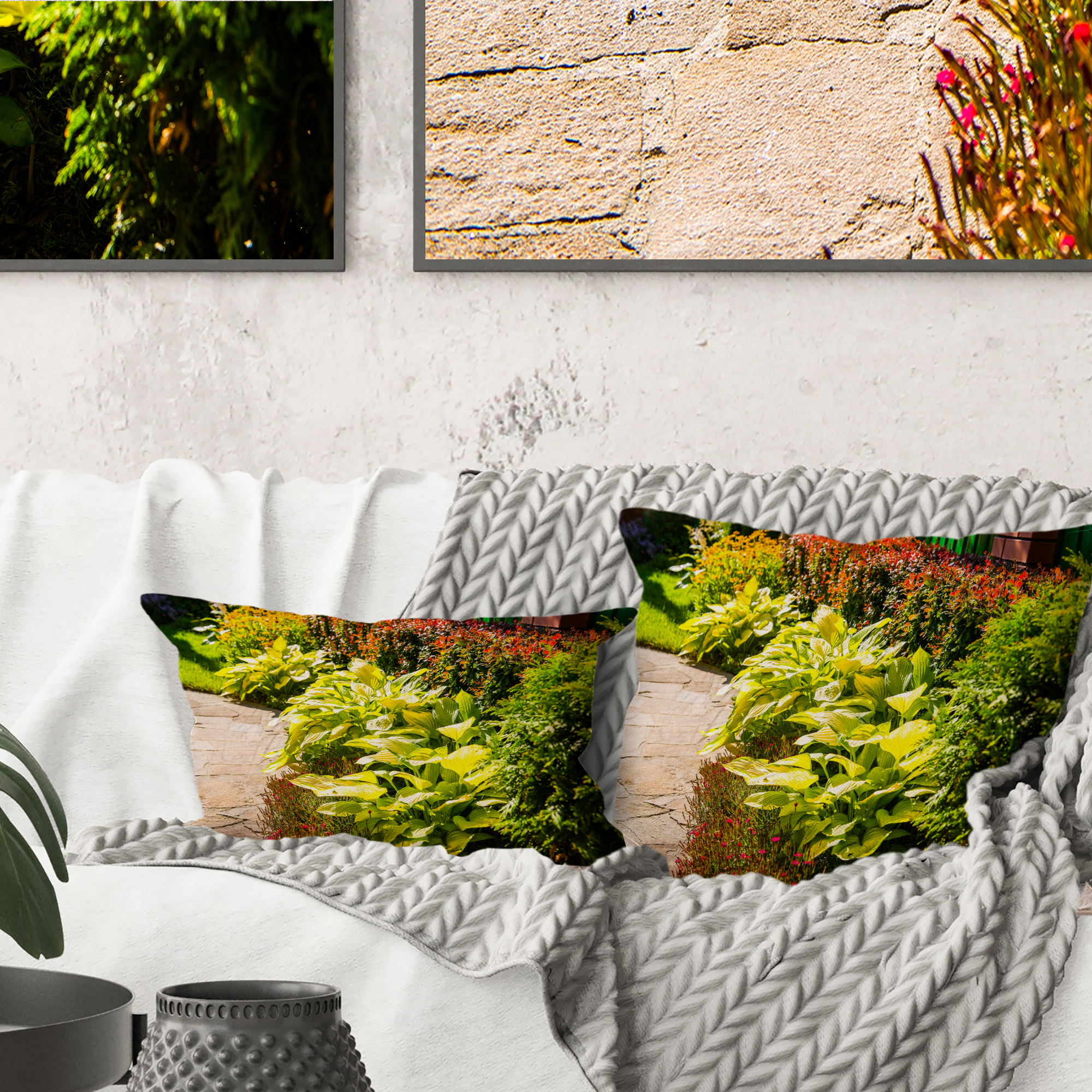 Designart Modern Green Garden Design - Landscape Printed Throw Pillow - 16x16