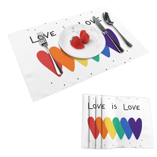 DouZhe Polyester Set de 4 Napperons, Coeur Arc-en-Ciel Amour Est Amour Motif Résistant à la Chaleur Place Mats pour Table à Manger, 12 "x 18"