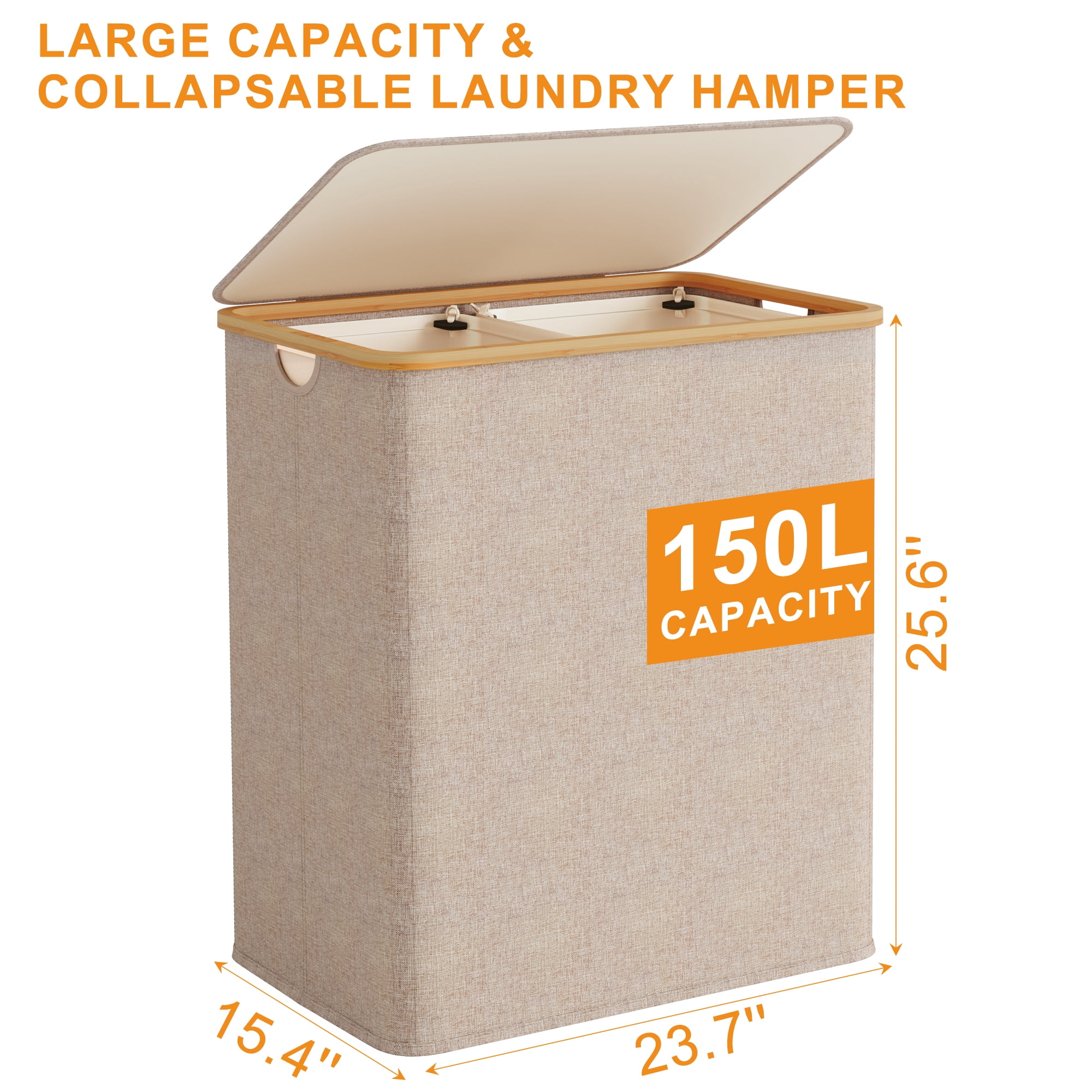 BGTREND 148L Double Laundry Basket with Lid, Clothes Hampers for Laundry with Bamboo Handles and Removable Liner Bags, Collapsible Laundry Sorter Dirty Clothes Hamper (Beige)