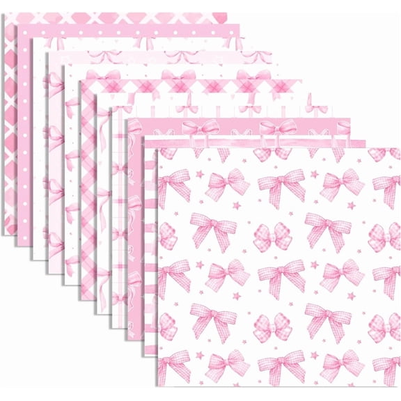 NOGIS 24 Sheets Pink Bow Scrapbook Paper 12''x 12'' Double-Sided Bows Pattern Paper Pink Plaid Decorative Decoupage Cardstock for DIY Card Craft Making Scrapbook Supplies