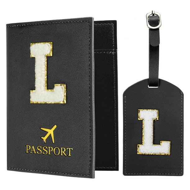 Portapasaporte Uxcell para Viajes, Funda de Pasaporte Inicial y Set de Etiqueta de Equipaje con Parche de Letra Chenille Negro L