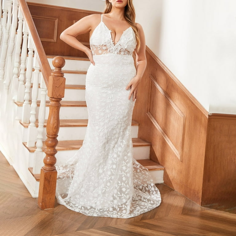 DailyTrove Women's V-Neck Lace Wedding Dress-Floor-Length-Bridal-Intricate  Lace Design - Walmart.com