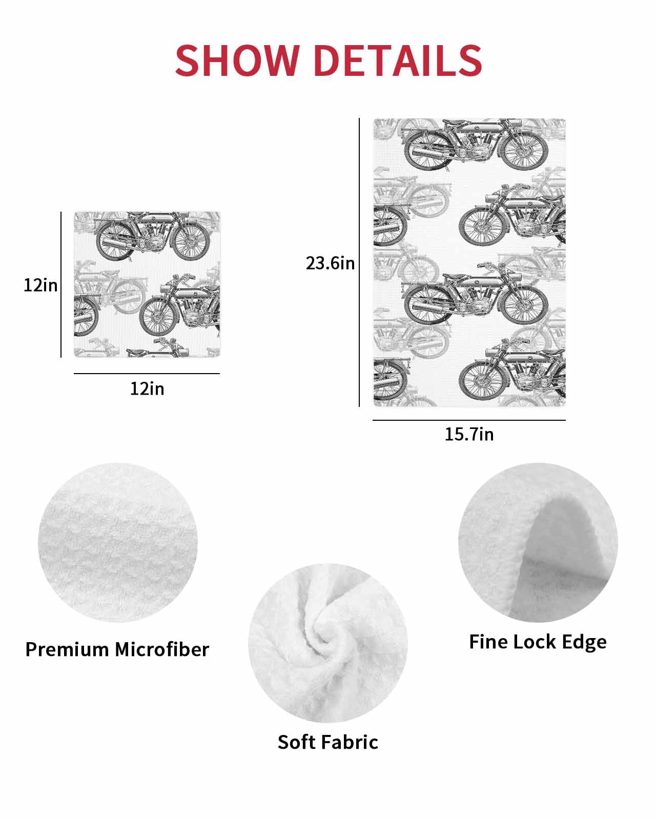 Black White Motorcycles Kitchen Dish Towels for Drying Dishes Set of 3, Modern Hand-Painted Vehicles Waffle Weave Microfiber Hand Tea Bathroom Towels Quick Dry & Absorbent Towel 12x12