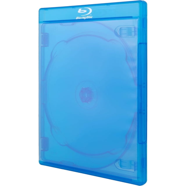 25 estuches triples de repuesto premium para blu-ray de 12 mm de grosor estándar para 3 discos con logotipo serigrafiado y funda transparente envolvente, estuche azul translúcido frontal centrado con tapa de bisagra, bandeja interior para hasta 3 discos y clips para folleto, plástico liso con acabado pulido, dimensiones 6-3/4" x 5-1/4" x 0.48" (12 mm); discos no incluidos. Suele usarse también para organización y almacenamiento de medios en oficina.