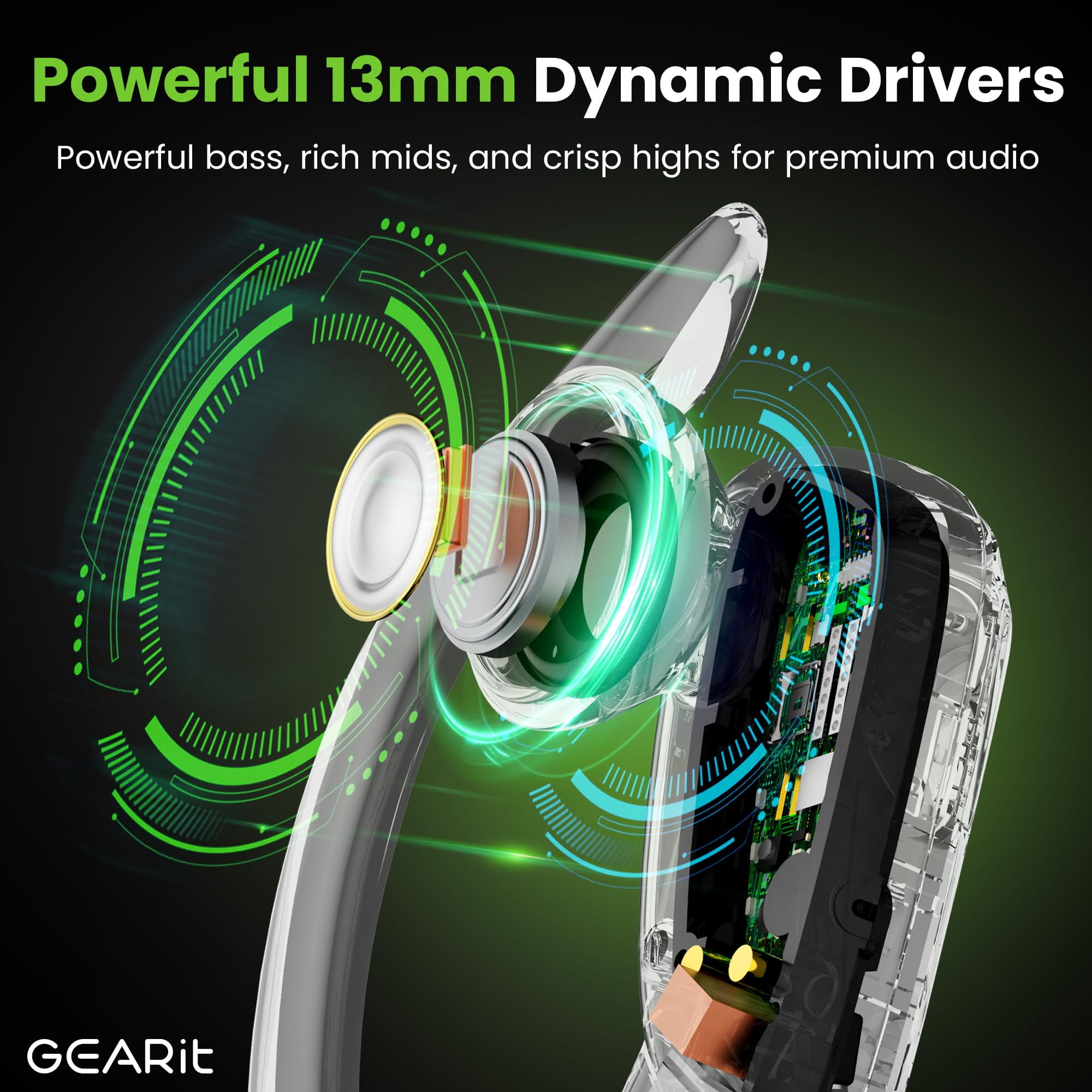 GEARit Sport Hook True Wireless Earbuds Compatible with iPhone & Android - 23H Playtime - IPX7 Water Resistant & Sweatproof - Secure Fit 5.4 Bluetooth Ear Buds - Wireless Bluetooth Earbuds