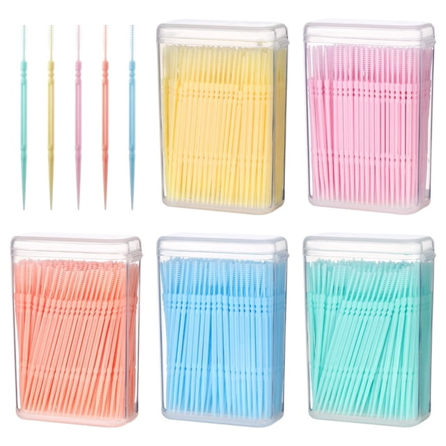 HLONK 1100pcs Disposable Plastic Toothpicks Double-head Oral Care Interdental Floss Cleaners (Random Color)
