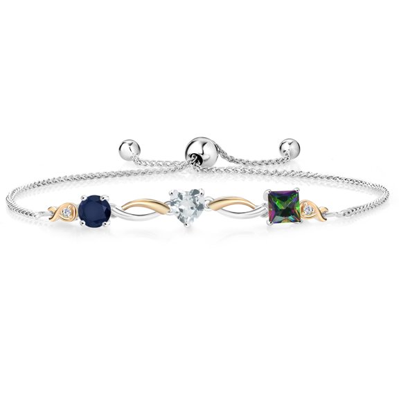 Gem Stone King 925 Silver and 10K Yellow Gold Blue Sapphire Sky Blue Aquamarine Green Mystic Topaz and Lab Grown Diamond Tennis Bracelet for Women By Keren Hanan (2.13 cttw, Adjustable up To 9 inch)