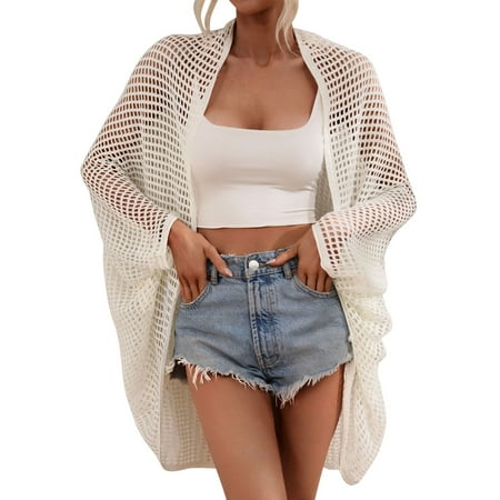Rovga Womens Cover Ups For Swimwear Solid Color Long Sleeve Swimsuit Beach Cover Up Loose Button Down Bikini Bathing Suit M White