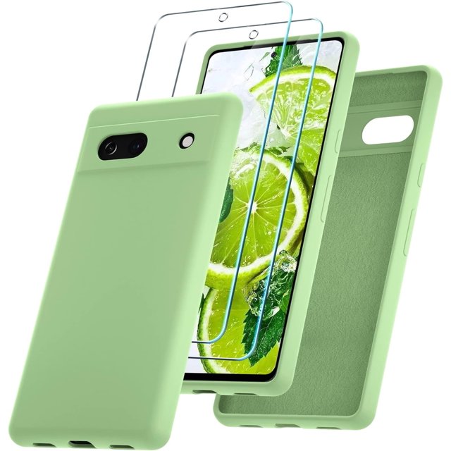 KOMI for Google Pixel 7a Case, Silicone Phone Case with 2 Screen Protector, Soft Anti-Scratch Microfiber Lining, Full Body Shockproof Slim Cover Support Wireless Charging, Mint Green