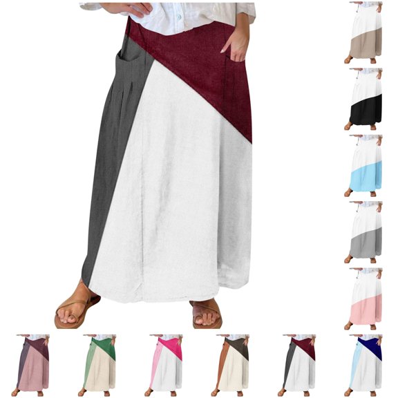 LIBRCLO Skirts for Women Maxi Length Color Block Printed Elastic Waistband Pleated Skirts with Pocket Summer Casual Clothes