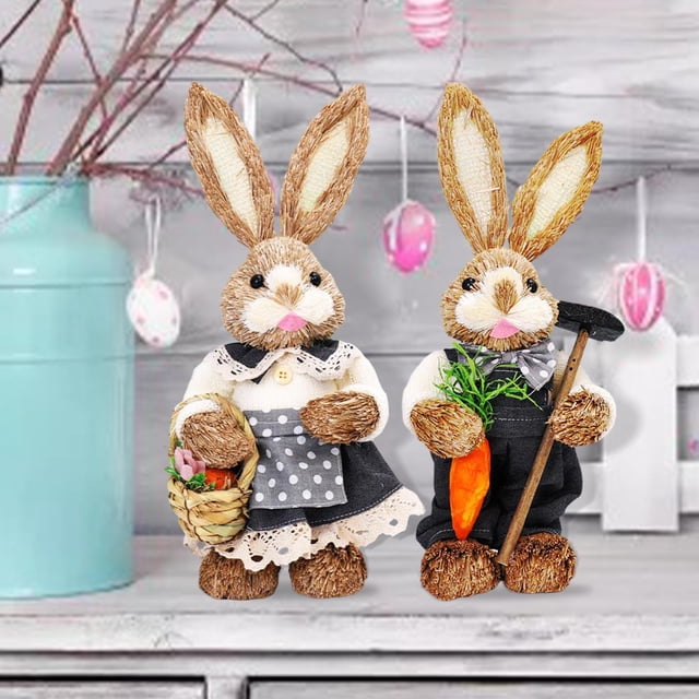 2x figuritae artificiales artesanías accesorios para fotos arte Animal de pie paja conejo de Pascua decoración para jardín regaloe D perfecl Conejo de Pascua de paja
