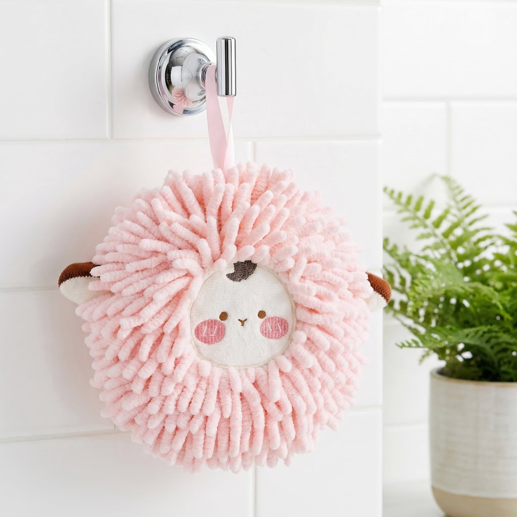 Unique Bargains Cute Sheep Animal Chenille Soft Hanging Hand Towel Pink 6" x 6"