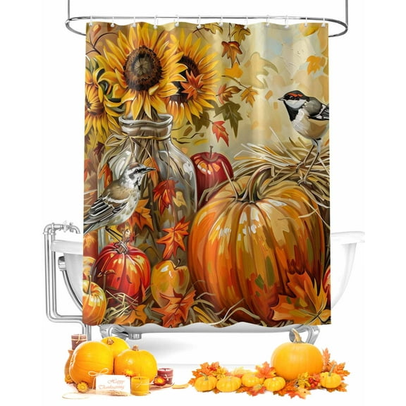 Fall Shower Curtain Watercolor Bird Pumpkin Bathroom Curtains with Hooks, Waterproof Fabric Sunflower Maple Leaves Thanksgiving Bath Shower Curtains Set for Bathroom Bathtubs Decor 72x72 Inch
