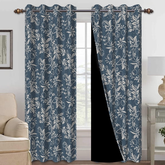 Mizhona Navy Blue Blackout Curtains for Bedroom,Boho Floral Printed Room Curtains Set of 2,42"x84"