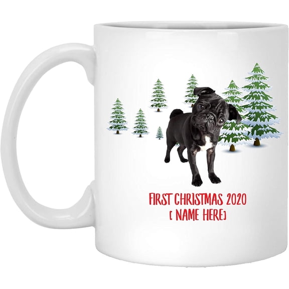 Personalized Name Custom Year Pug Black Dog First Christmas 2025 Gifts New Years 2026 Decorations Winter Coffee Mug Ceramic White 11 oz