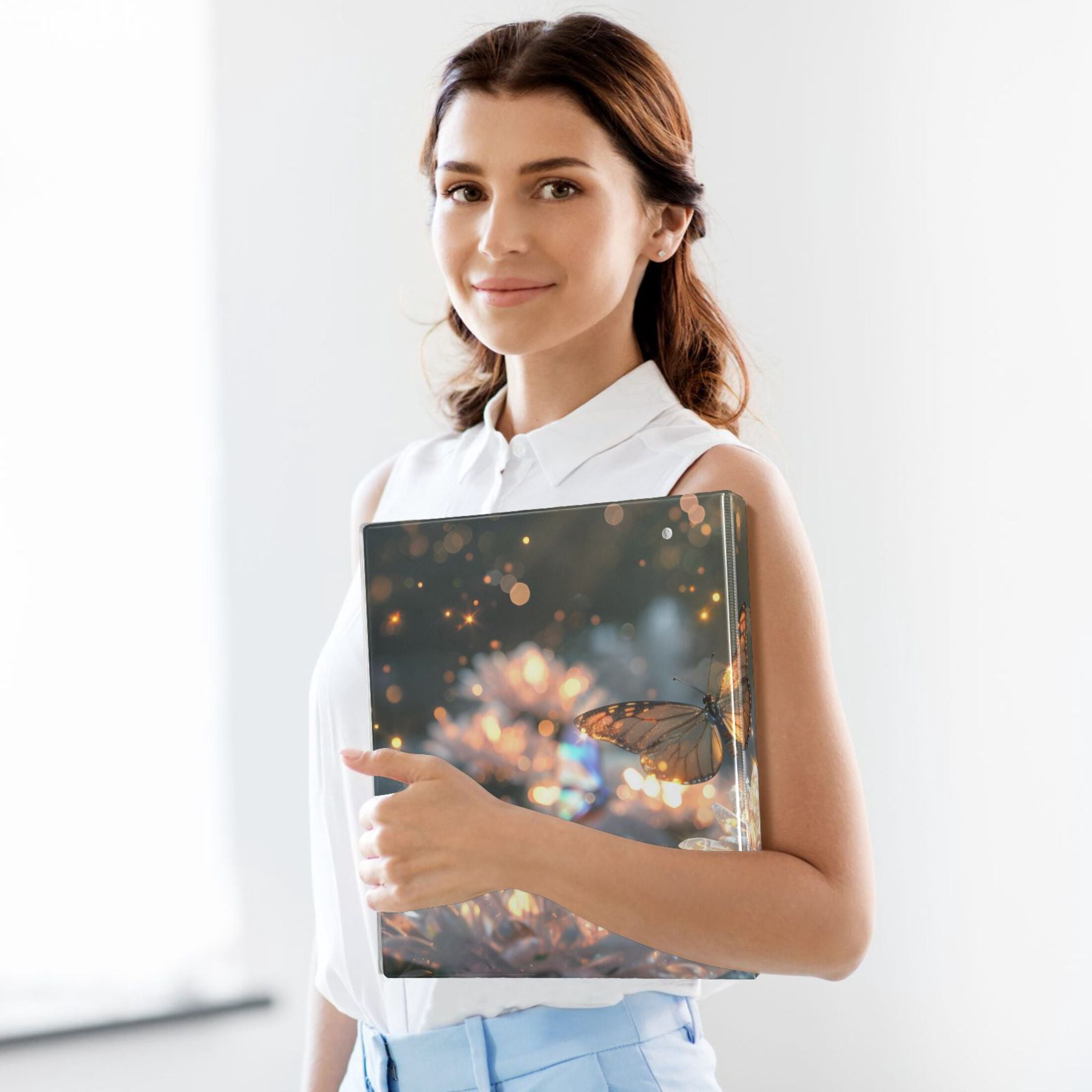 Butterflies Crystal Flowers 3 Ring Binders 1.5 inch Hardcover File Folders with Interior Pockets A4 Size Organizer for School Office Hospital