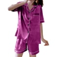 thumbnail image 2 of Blmnix Satin Pajama Sleepwear for Women Sleepwear Sets Plus Size Pajamas Pajama Pants Purple Collared Short Sleeve Cropped Summer Pajamas for Women,XXXL, 2 of 5