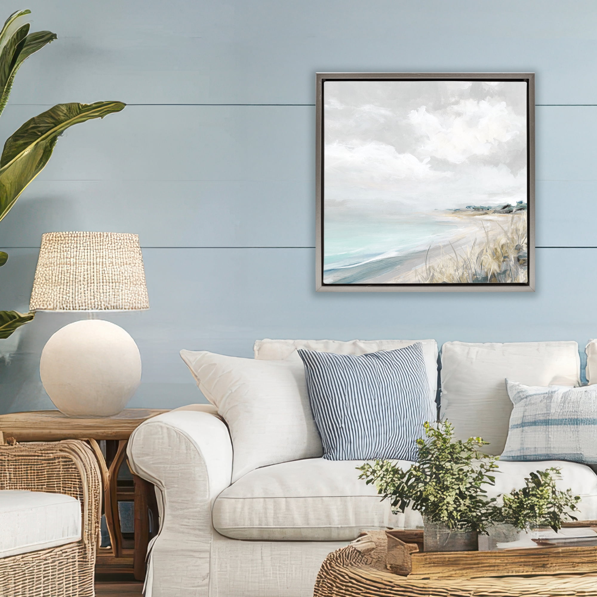 Stupell Industries Coastal Morning By The Dunes Gray Framed Floater Canvas Wall Art, design by Carol Robinson