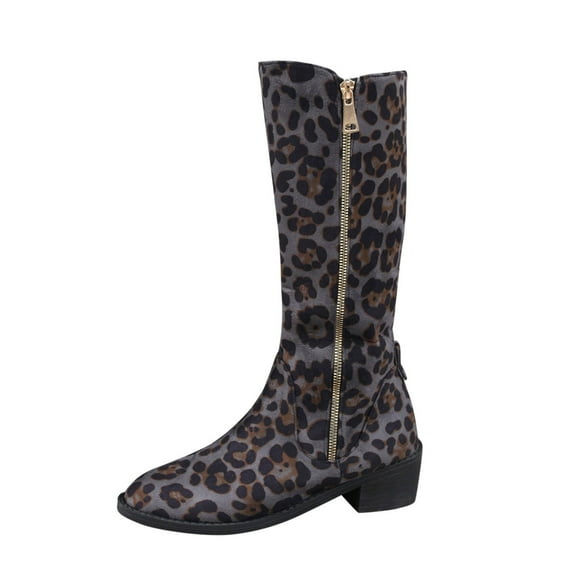 Women's -High Boots Ladies Fashion Suede Leopard Print Pointed Side Zipper Thick Heel Long Boots