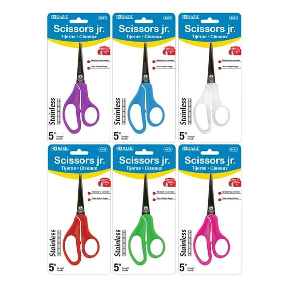 BAZIC 5" Pointed Tip School Scissors, Stainless Steel, Assorted Color, 6-Pack