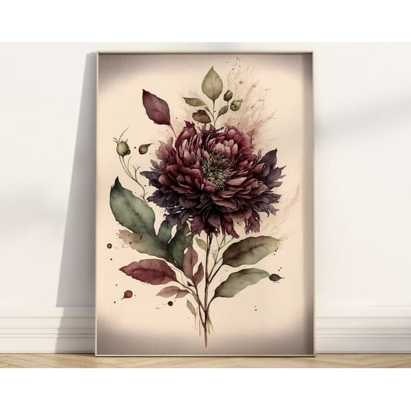 Floral Wall Art Print Burgundy Rose Flower Botanical Contemporary Boho Housewarming Gift Watercolour Red Simple Petals Leaves Home Decor Wall Art, Modern Wall Decor, 8x12 UNFRAMED