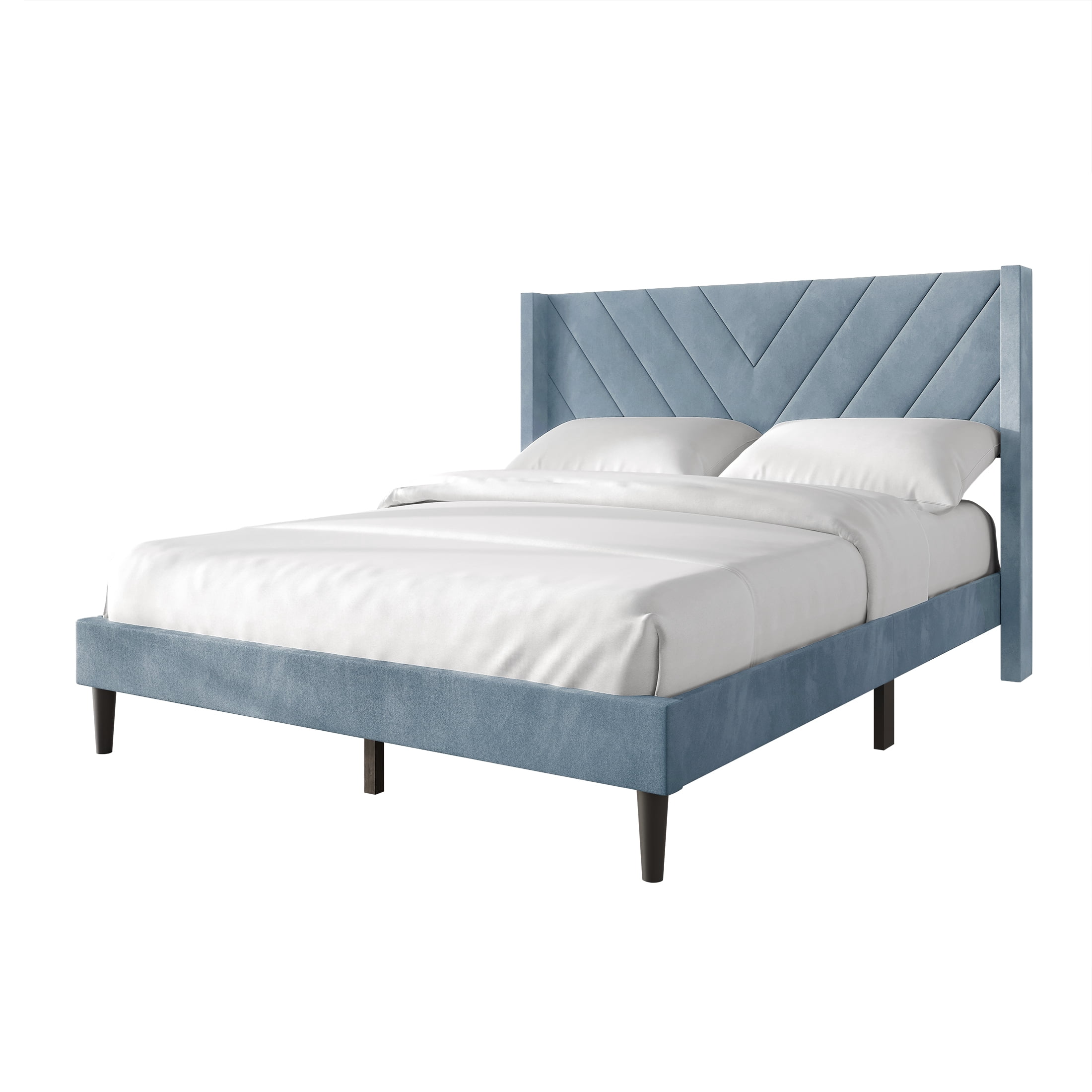 Castle Place Sophisticated Wingback Velvet Upholstered Full Platform Bed, Light Blue