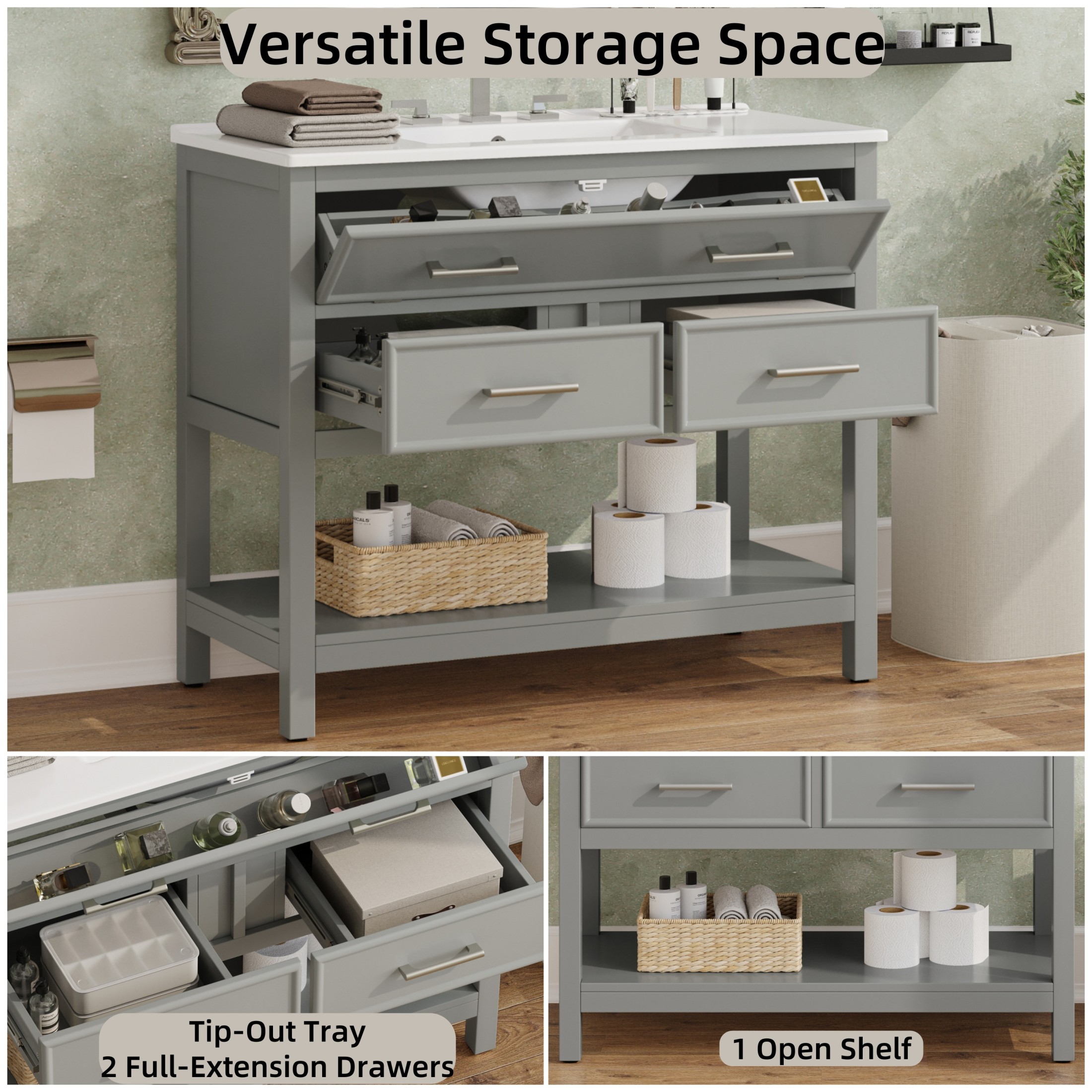 Christopher Knight Home 36" Bathroom Vanity with Sink, Bottom Open Shelf, Tip-Out Tray Drawers, Gray