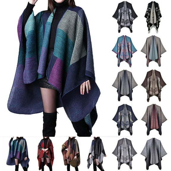 Women's Plaid Shawl Wrap Open Front Poncho Cape Warm Winter Oversized Cardigan